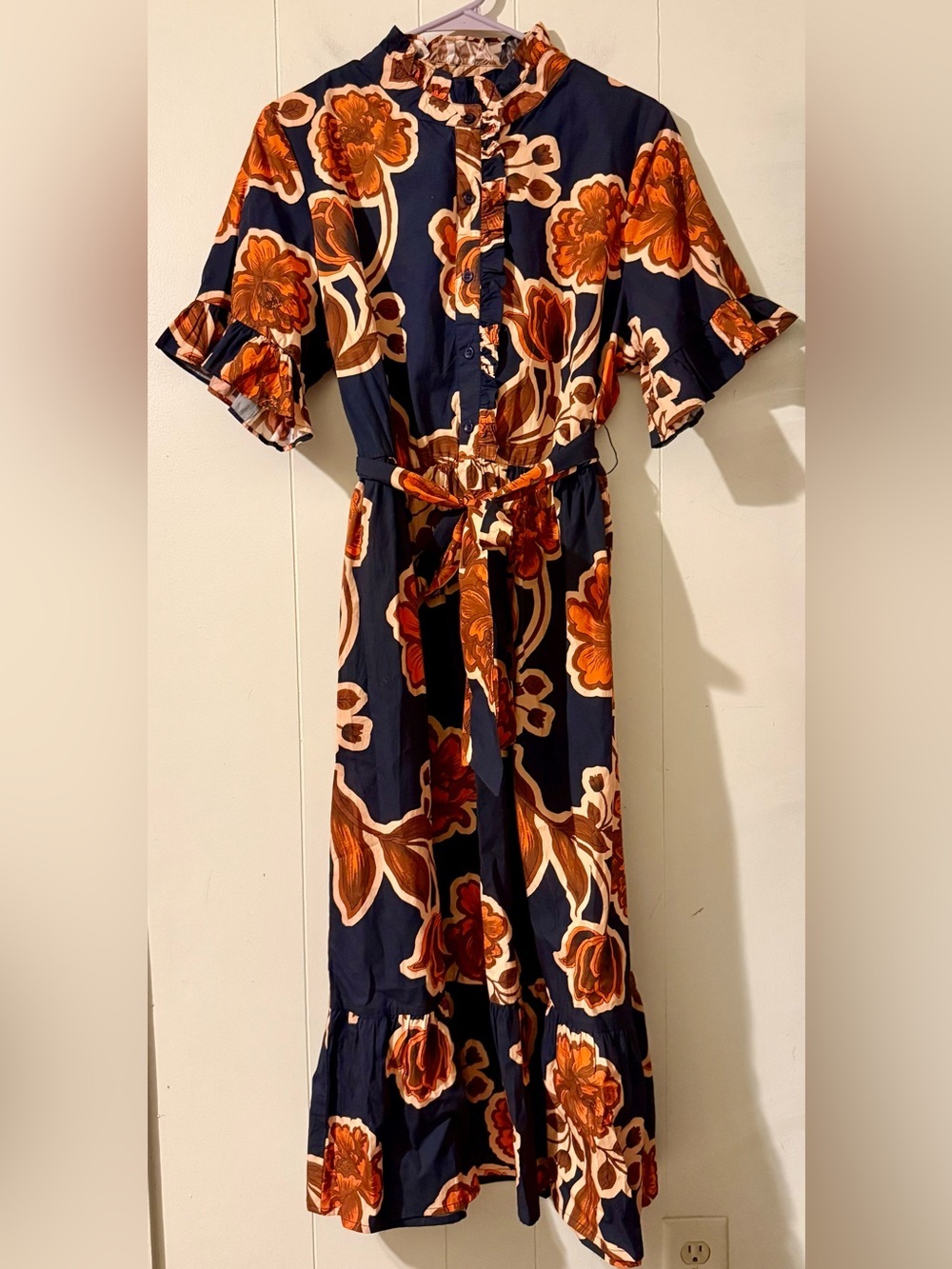 Laroque Original NWOT Front Tie Ruffle Sleeve Midi Navy Orange Dress XL